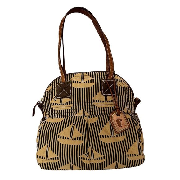 Dooney & Bourke Handbags - Dooney & Bourke Striped Sailboat Black Brown Tote Leather Straps Vintage